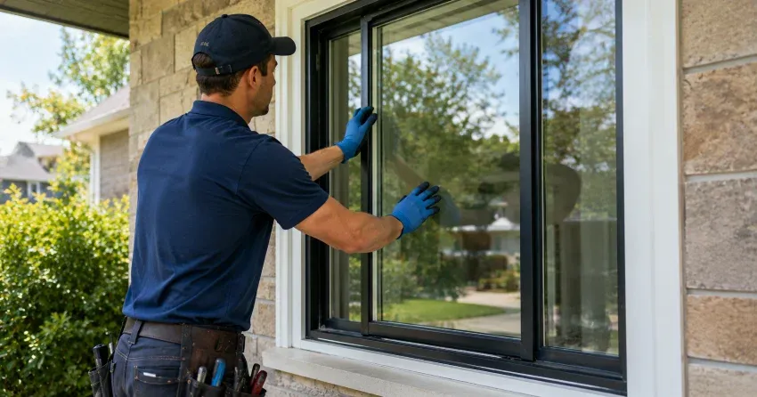 technician measuring a broken window pane for replacement in Tecumseth Pines, New Tecumseth