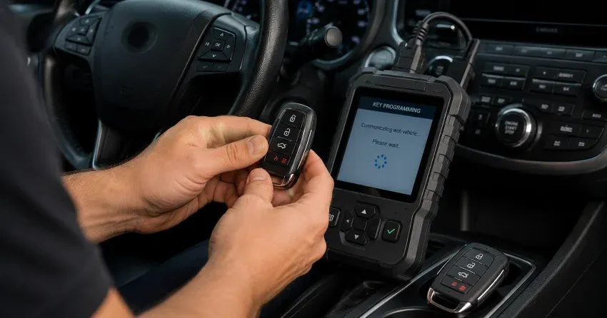 technician inspecting a worn car key before replacement in New Tecumseth
