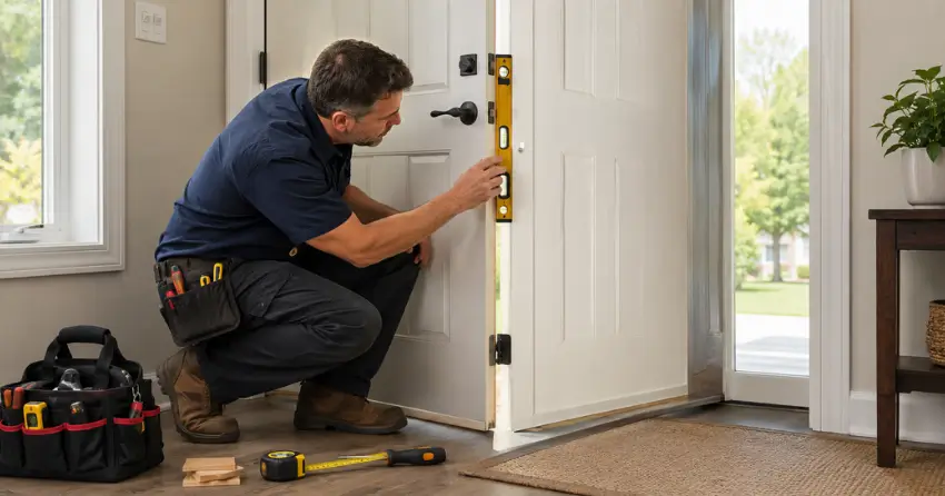 technician diagnosing a misaligned door frame in Randall, New Tecumseth