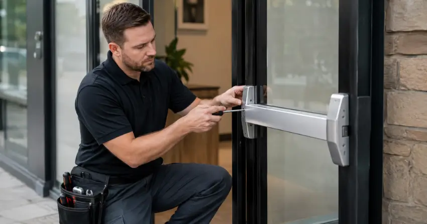 commercial locksmith repairing exit device on storefront door New Tecumseth