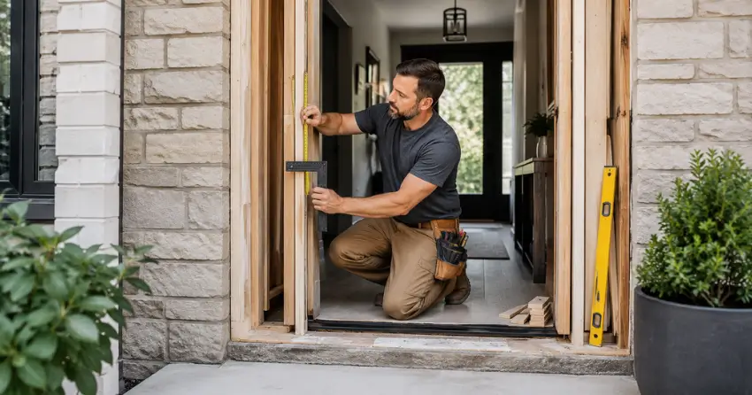 exterior door installer assessing rough opening in Randall, New Tecumseth