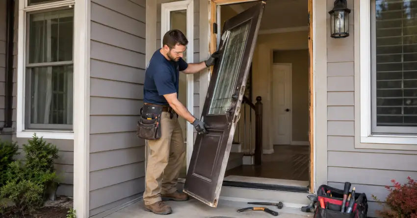 old exterior door being removed for replacement in New Tecumseth