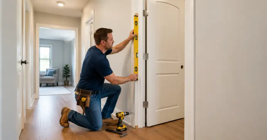 technician installing a pre-hung interior door in a home hallway Randall, New Tecumseth