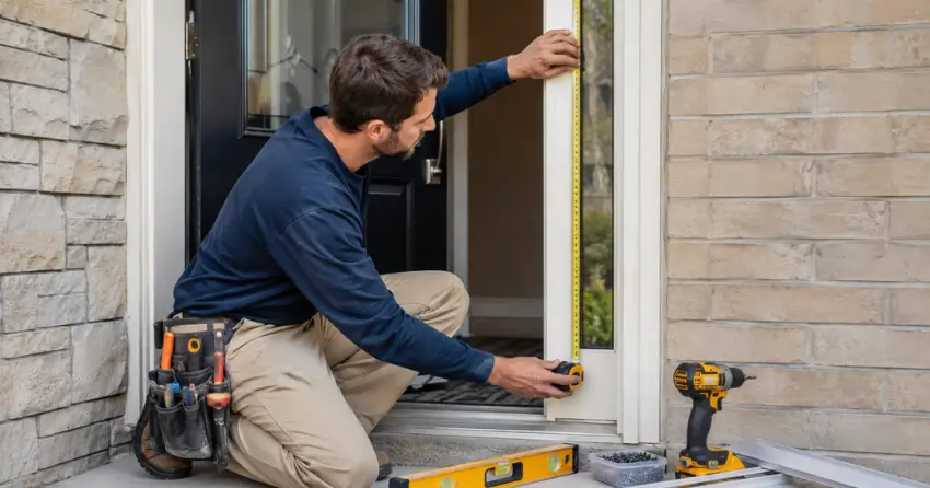 technician measuring door frame before storm door install in Briar Hill, New Tecumseth