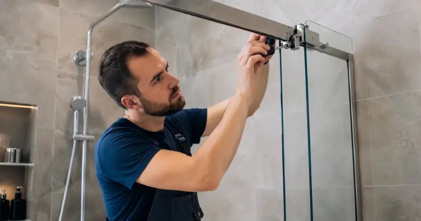 technician adjusting shower door hinge and track in Tottenham, New Tecumseth