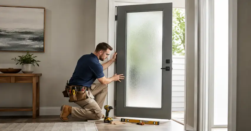 glass panel door installation with frosted privacy glass in residential setting in Beeton, New Tecumseth