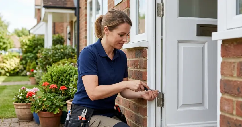 technician repairing exterior door hinge and frame in Tottenham, New Tecumseth