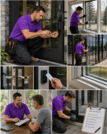 A technician testing a multi-point locking system on a newly fitted door